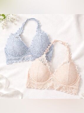 PINK Victoria’s Secret Lace Bralette Bundle M | Nude & Gray Floral Halter Bras